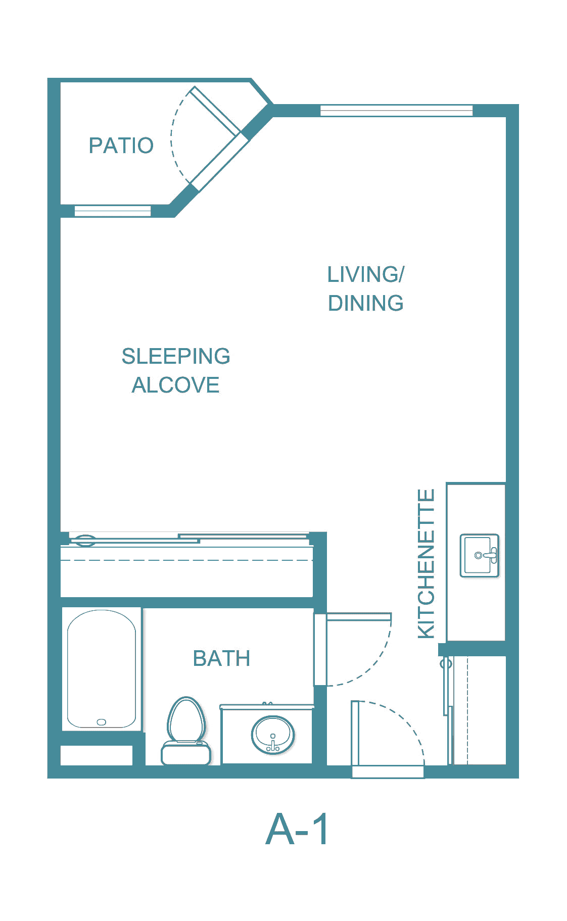 A floor plan of a studio apartment with designated areas for living/dining, sleeping alcove, bathroom, and kitchenette.