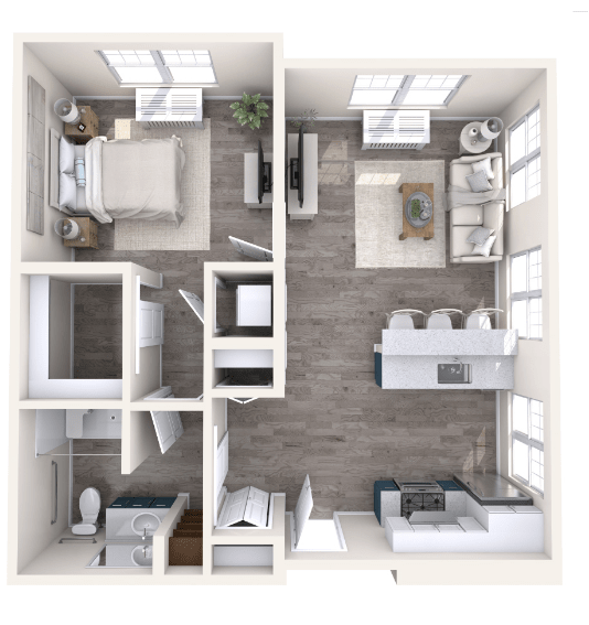 A modern one-bedroom apartment floor plan with an open kitchen and living area.