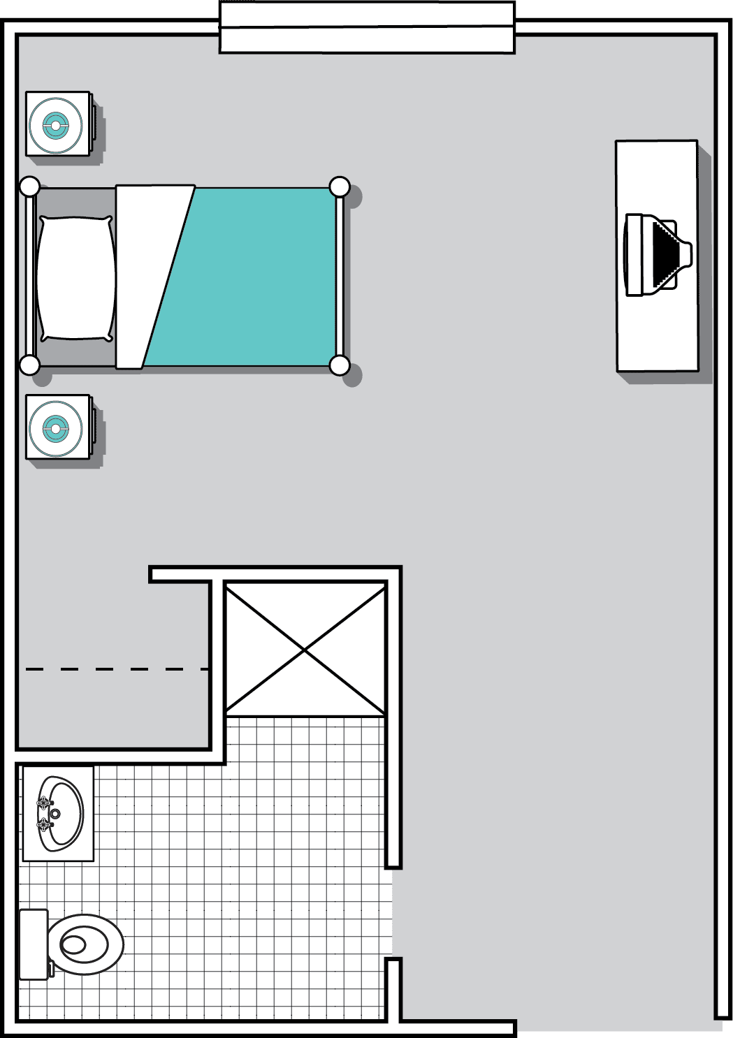 A simple floor plan showing a bedroom layout with a bed, desk, and bathroom.