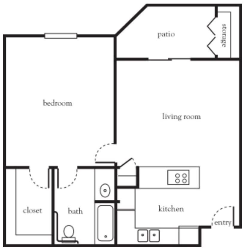 A floor plan of a one-bedroom apartment with a kitchen, living room, bathroom, closet, and patio.