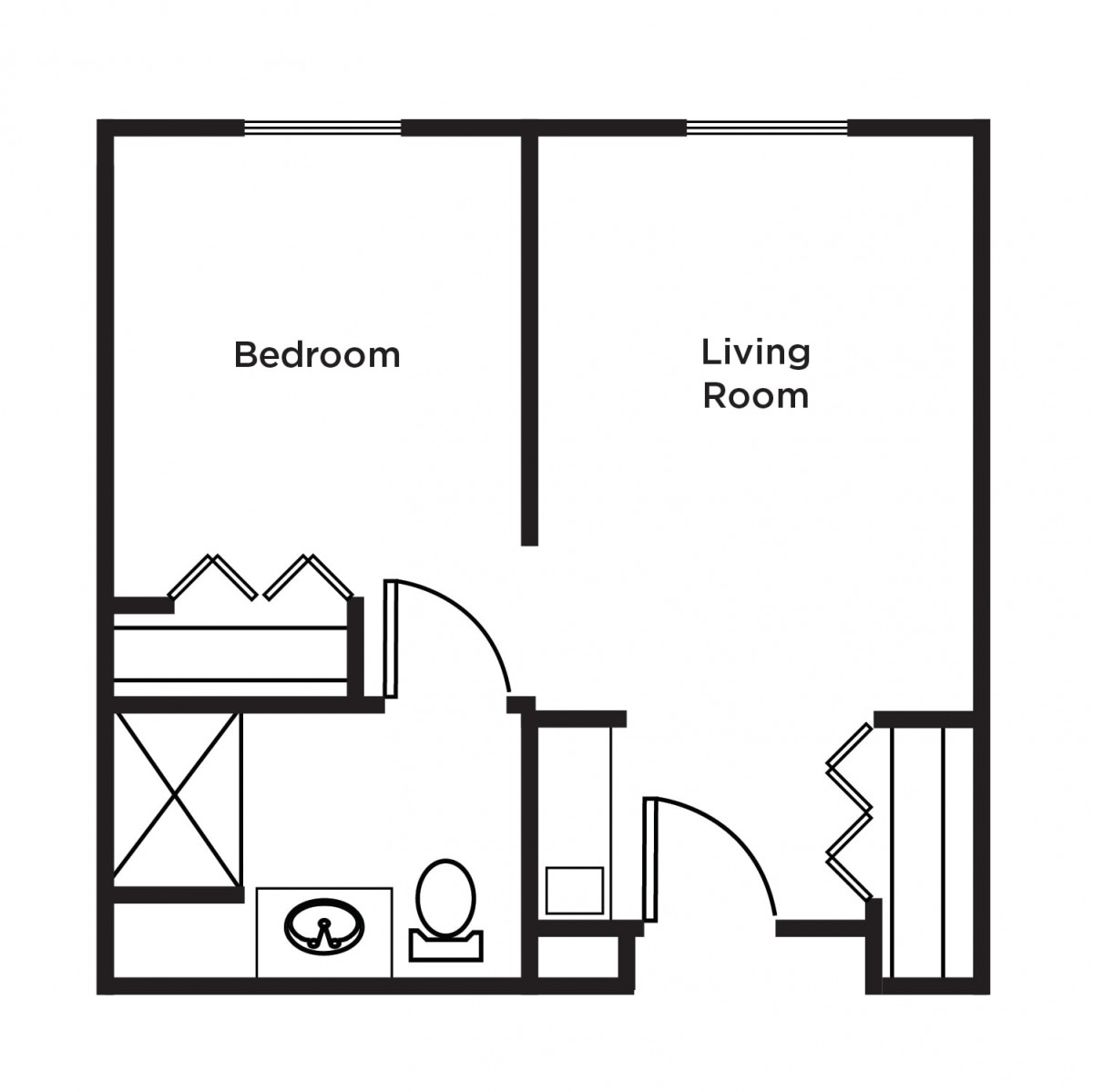 A simple floor plan showing a bedroom, living room, and bathroom layout.