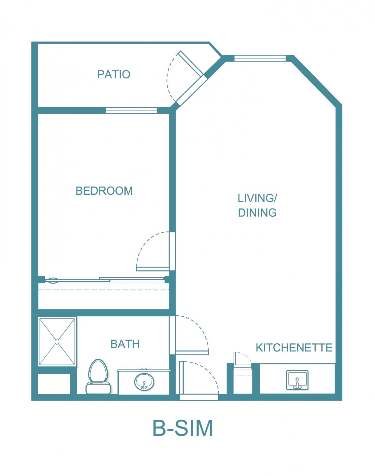 A floor plan of a small apartment featuring one bedroom, a kitchenette, living/dining area, bathroom, and patio.