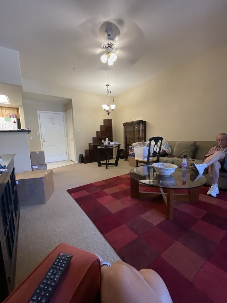 A cozy living room with a sofa, coffee table, and red rug.