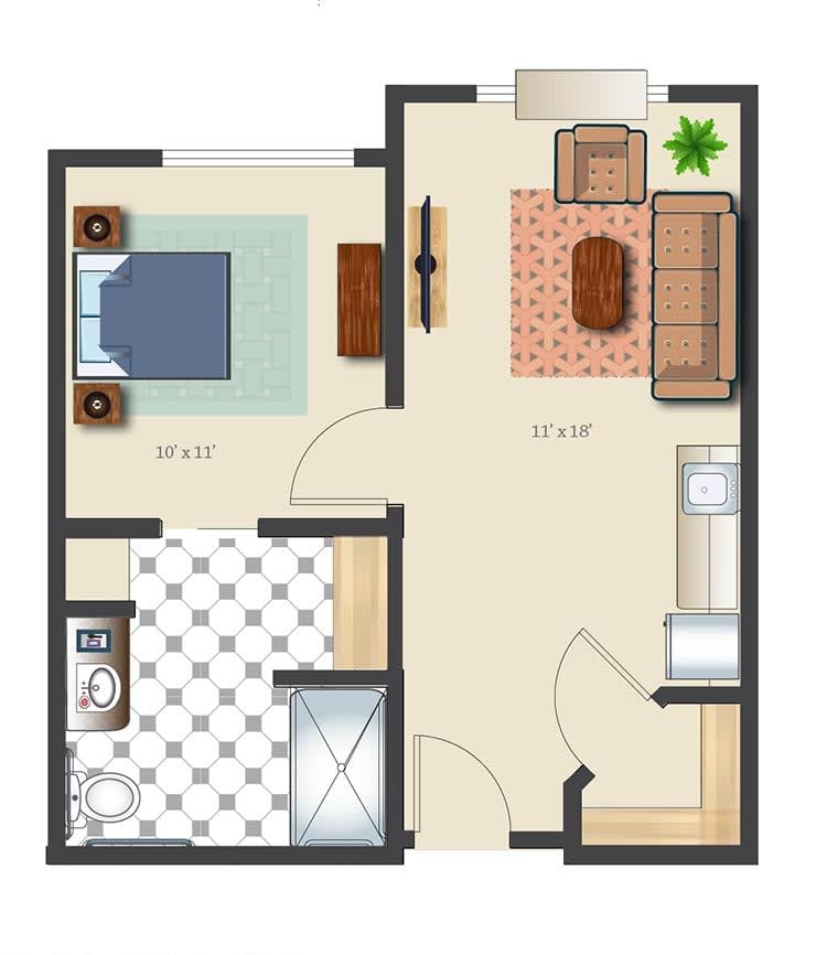 A simple one-bedroom apartment floor plan featuring a living room, kitchen, and bathroom.