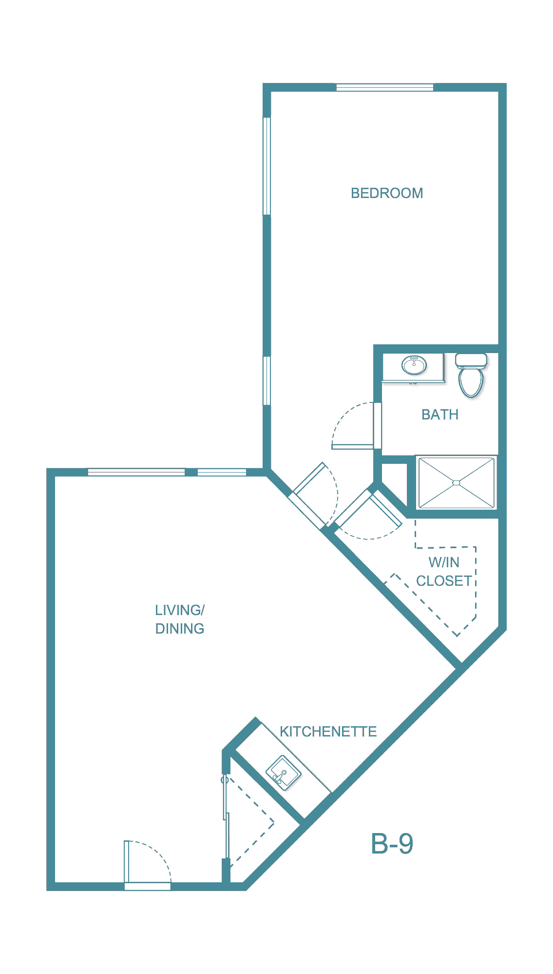 A floor plan of a studio apartment featuring a living/dining area, kitchenette, closet, and bath.