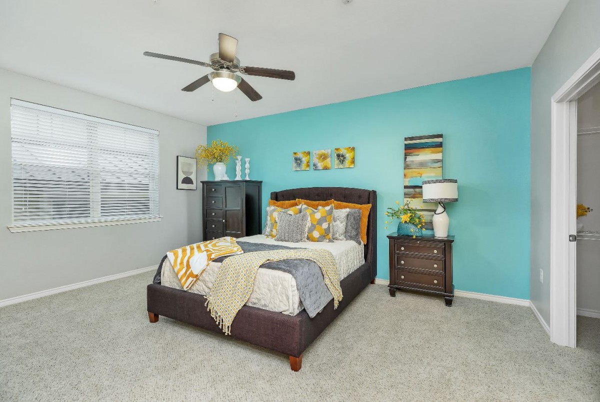 A modern bedroom with a blue accent wall, featuring a bed adorned with decorative pillows, a nightstand with a lamp, and a ceiling fan.