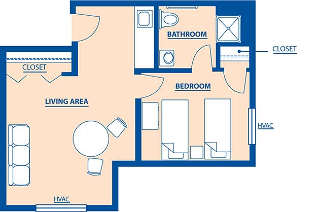 A simple floor plan of a one-bedroom apartment showing a living area, bathroom, and bedroom.