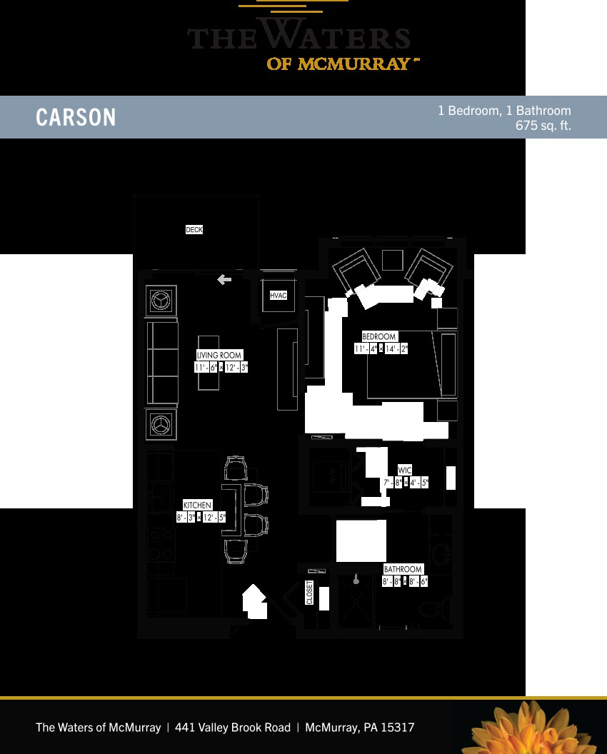 Blueprint of a one-bedroom, one-bathroom apartment layout.