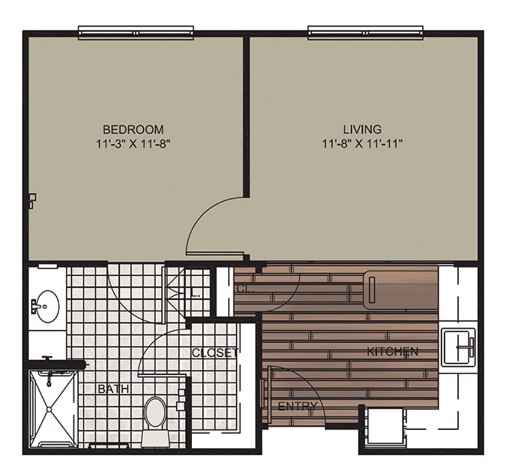 A floor plan of a one-bedroom apartment including living space.