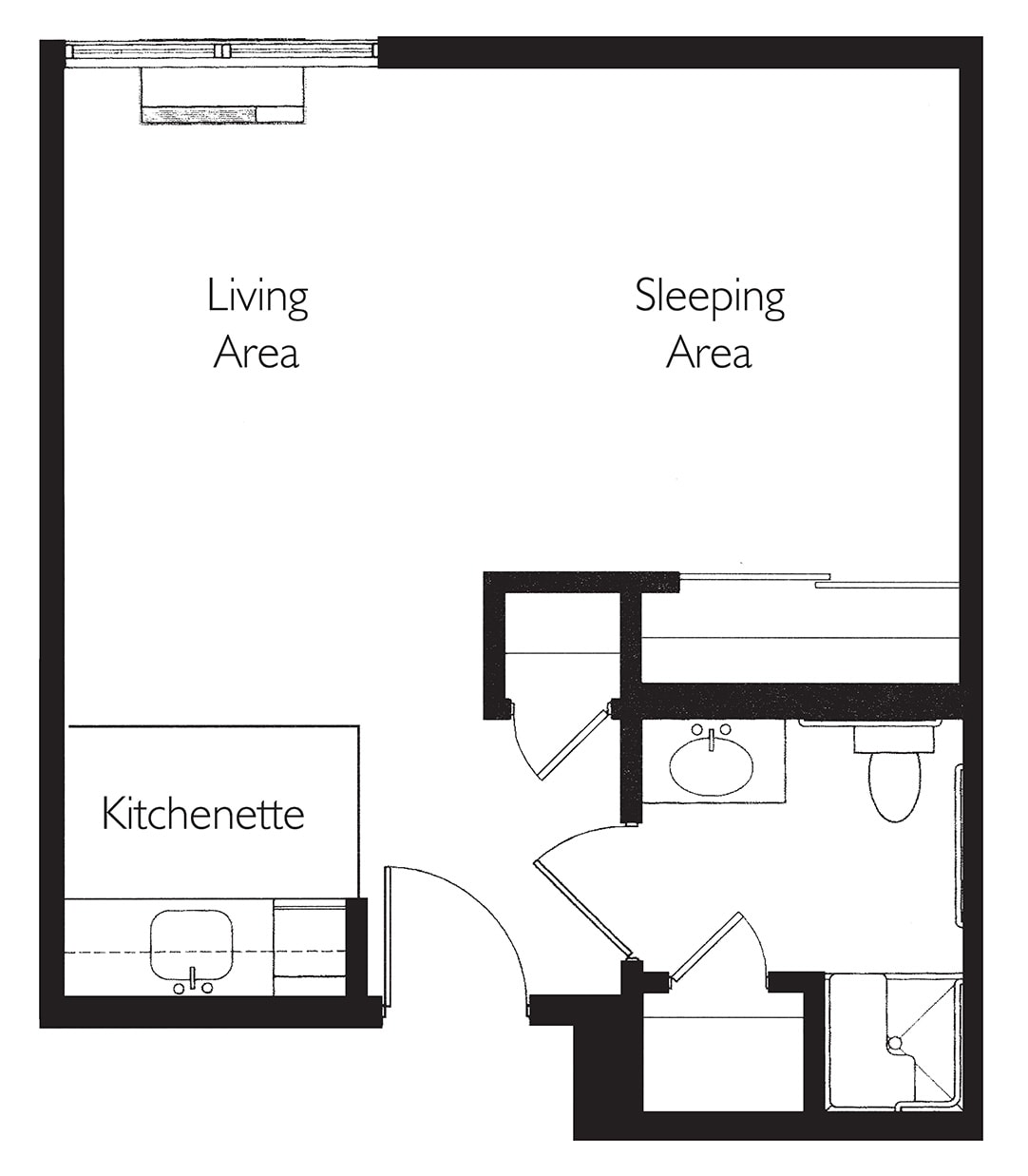 Floor plan of a studio apartment featuring a kitchenette, living area, sleeping area, and bathroom.