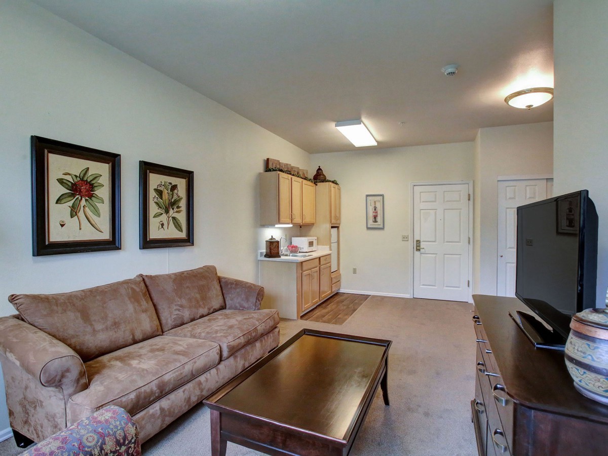 Cozy living room with a sofa, coffee table, and a small kitchenette.