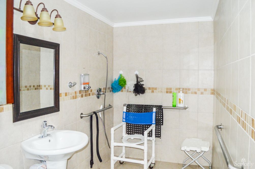 Accessible bathroom with a shower, wheelchair, and various bathroom accessories.