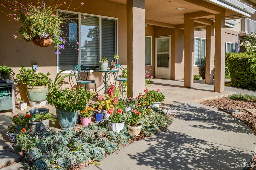 A cozy patio area featuring colorful flowers and potted plants, complete with a table and chairs for outdoor relaxation.