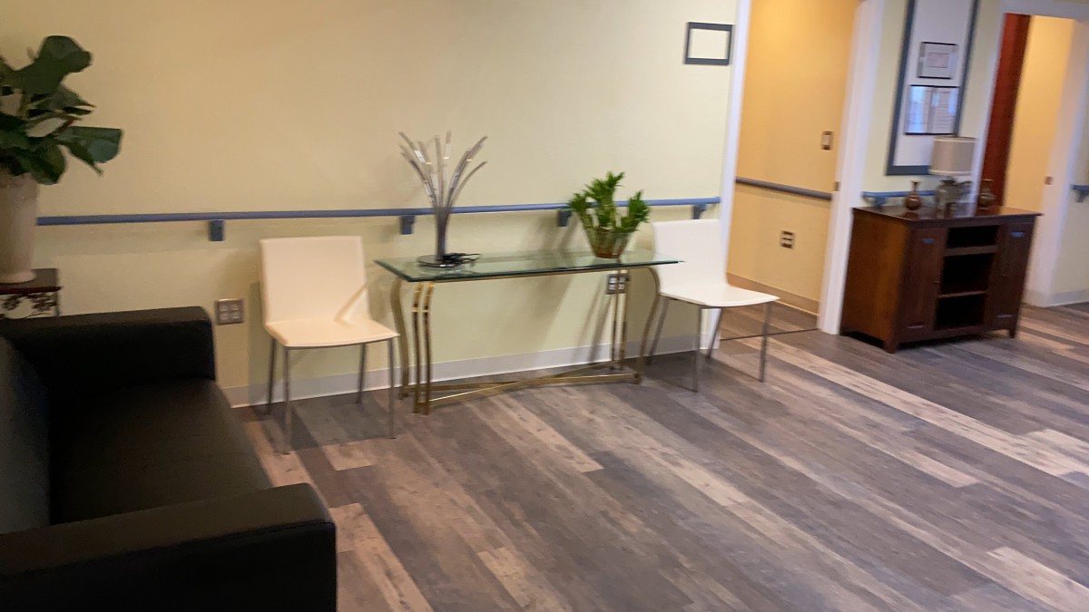 A minimalist waiting area with chairs and a glass table adorned with plants.