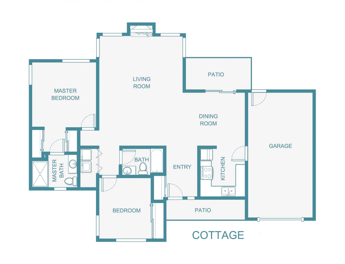 A floor plan of a cottage featuring various rooms including a master bedroom, living room, and garage.