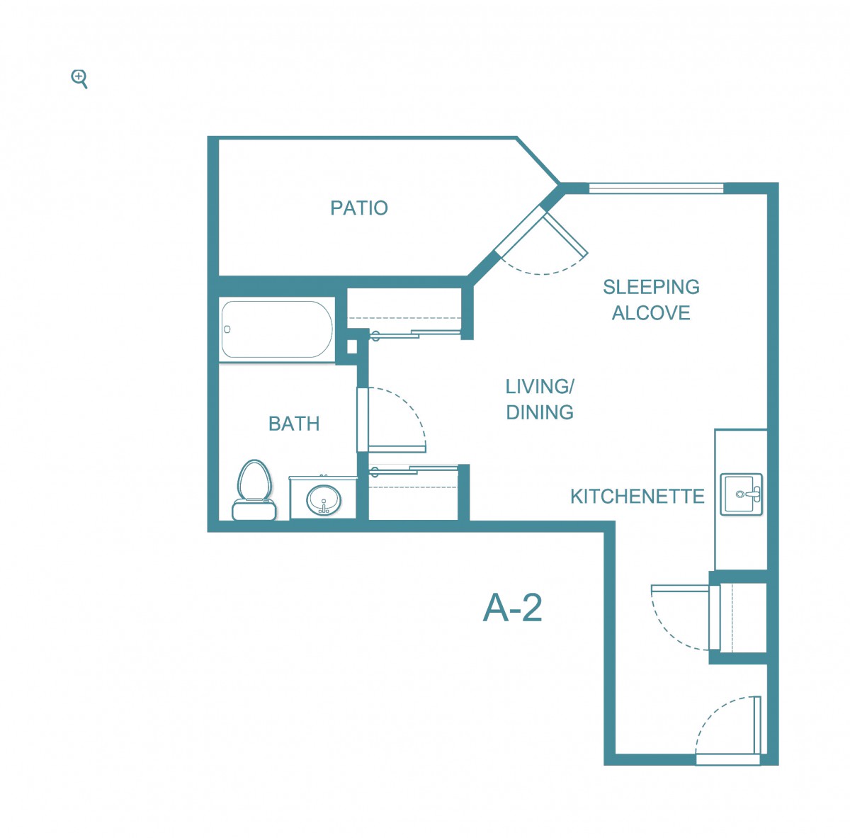 Studio apartment floor plan with living area, kitchenette, bath, and patio.