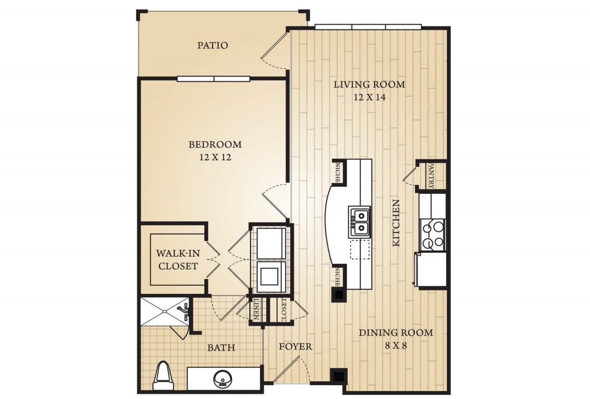 A detailed floor plan of a one-bedroom apartment featuring a walk-in closet, kitchen, dining room, living room, and patio.
