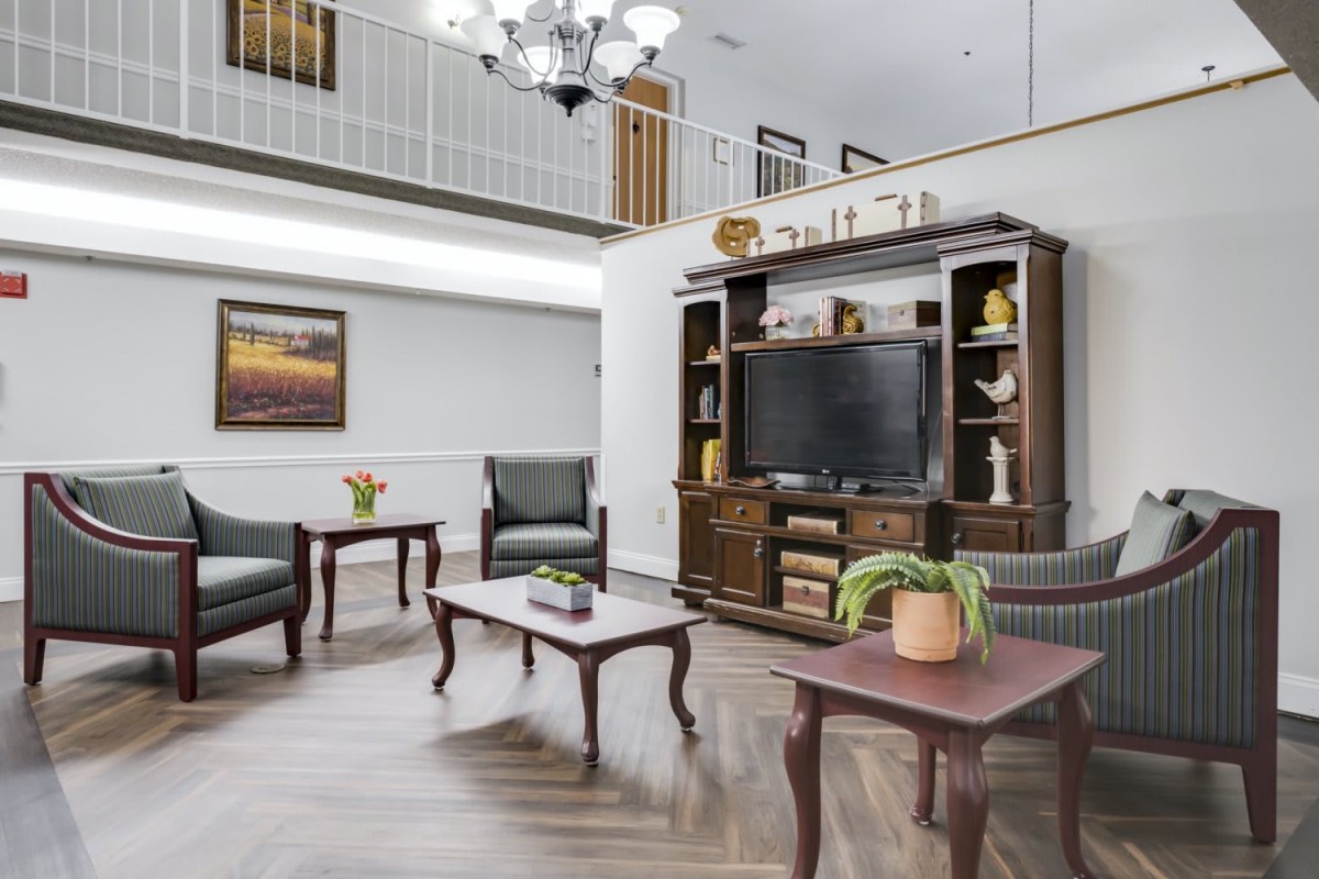 A modern living room with wooden furniture, a television, and indoor plants.