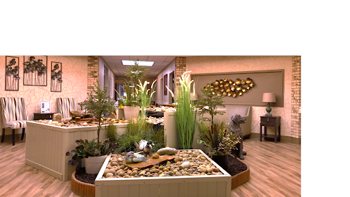 A serene lobby area featuring a decorative plant arrangement and a calming water element.
