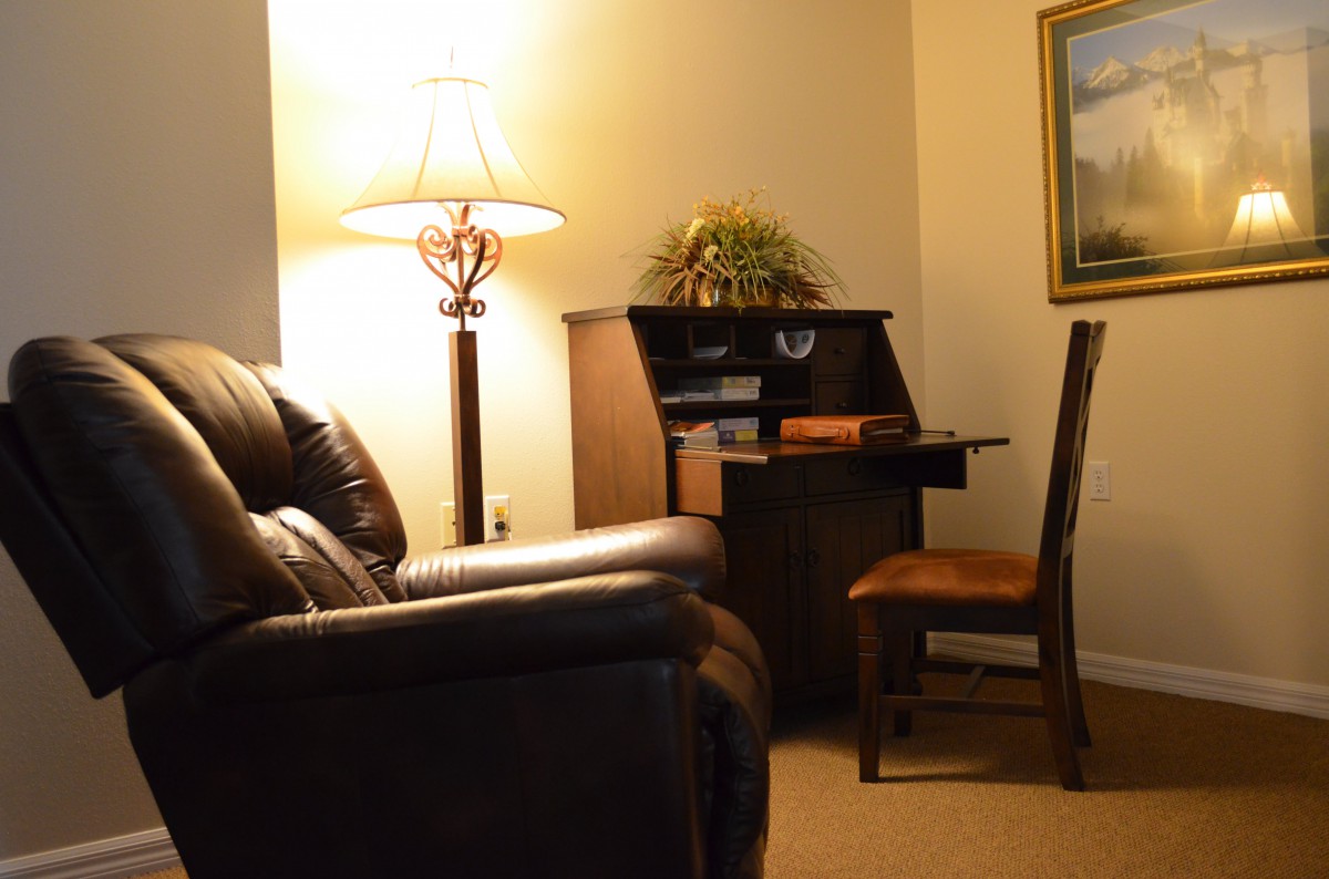 Cozy living room with a sofa, lamp, and small desk area.
