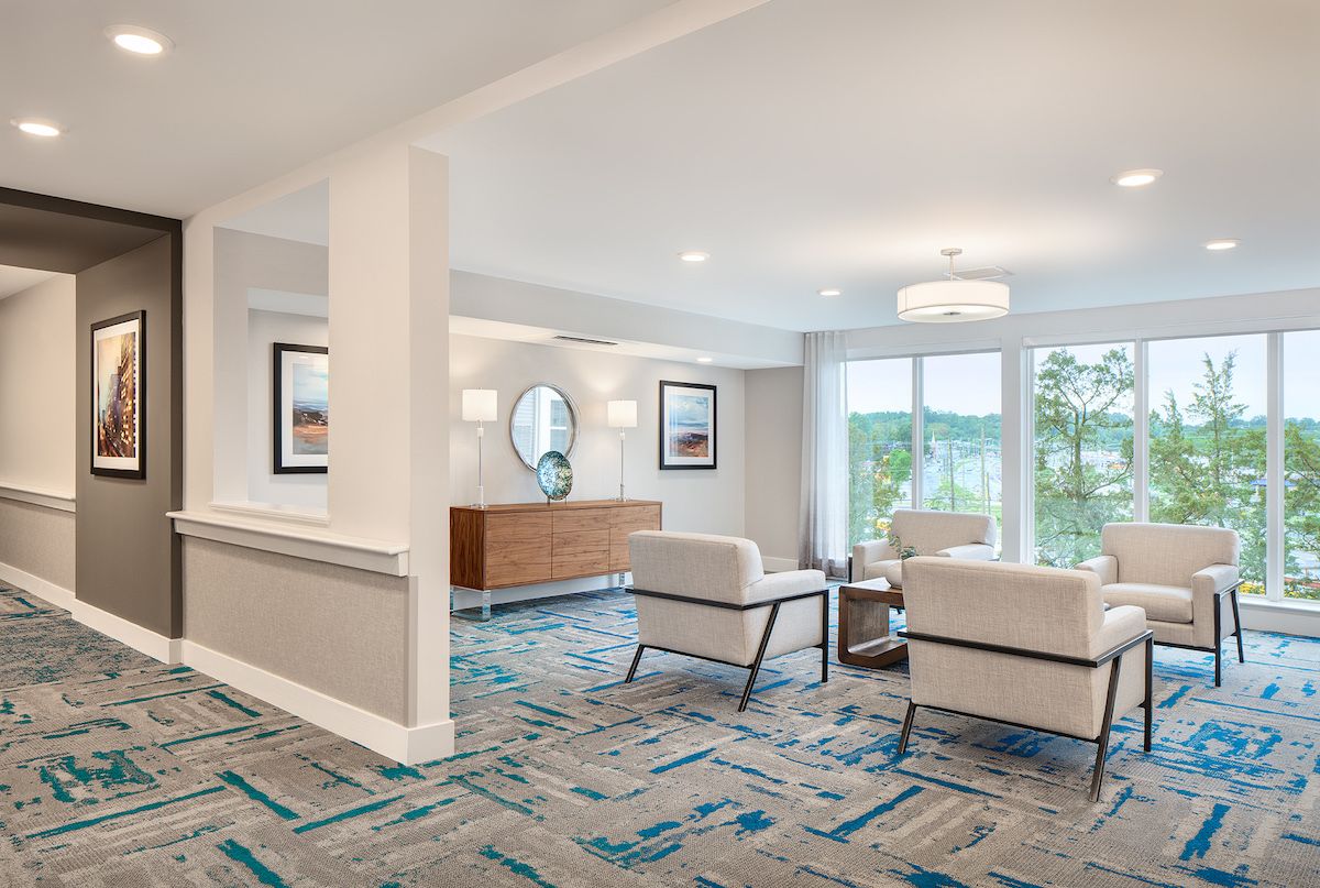 A modern lounge area with comfortable seating and stylish decor.