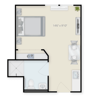 A compact studio apartment floor plan featuring a bedroom, bathroom, and small kitchen area.