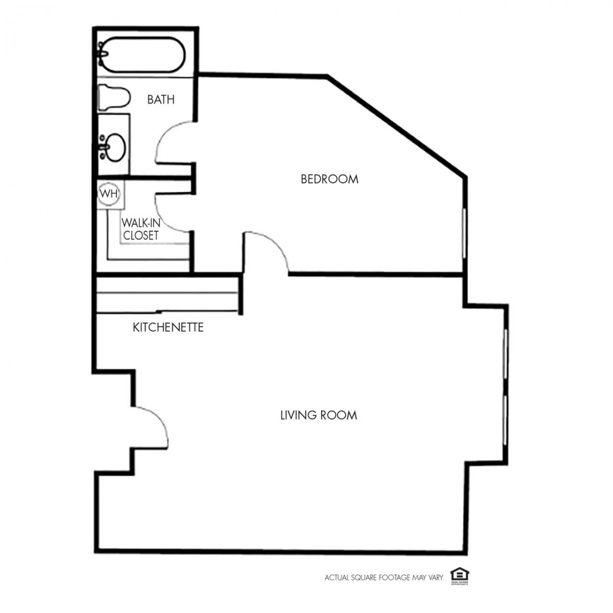 A floor plan illustrating the layout of an apartment with designated spaces for a living room, bedroom, kitchen, and bathroom.