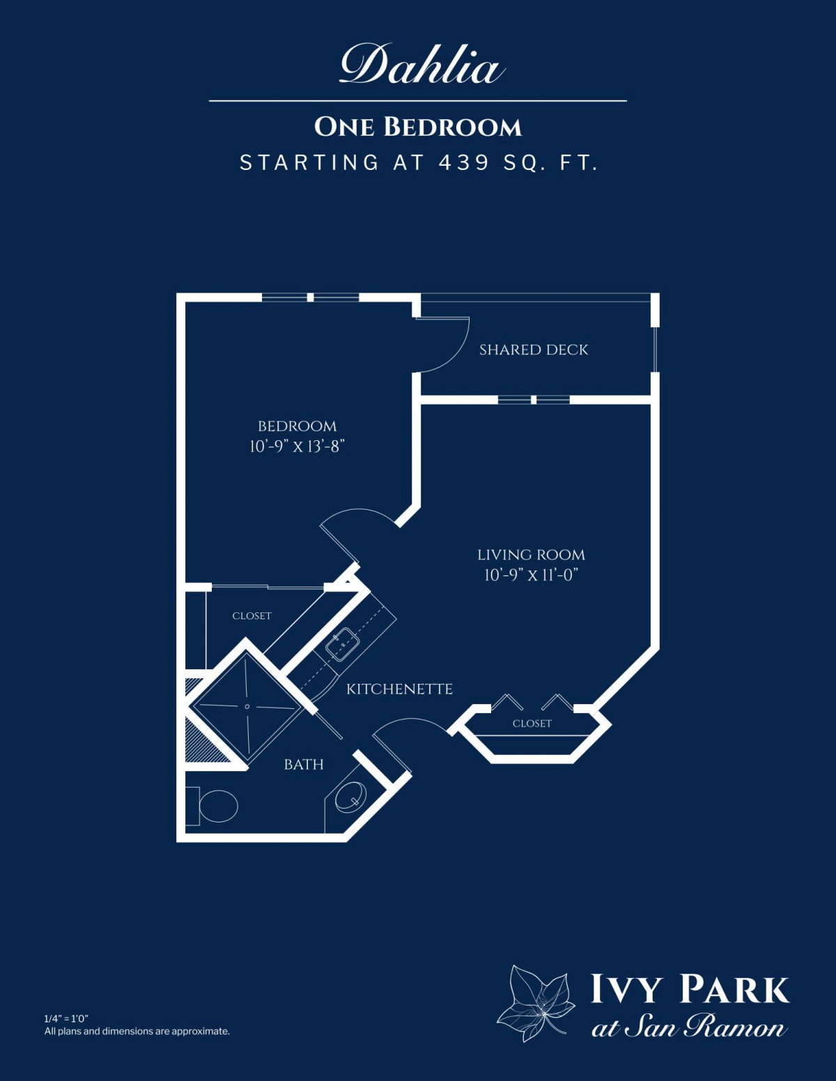 A blueprint layout of a one-bedroom apartment starting at 439 sq. ft.
