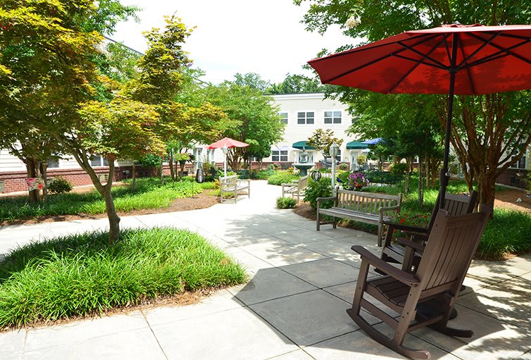 A serene garden patio area with benches and umbrellas, surrounded by lush greenery.