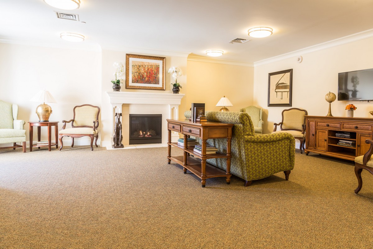 A cozy living room with a fireplace, elegant furniture, and warm decor.
