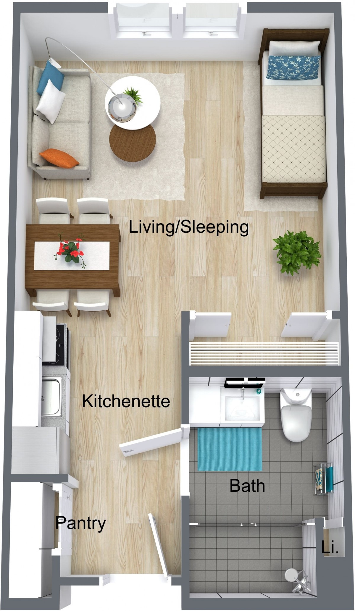 A floor plan of a studio apartment featuring a combined living and sleeping area, kitchenette, and bathroom.