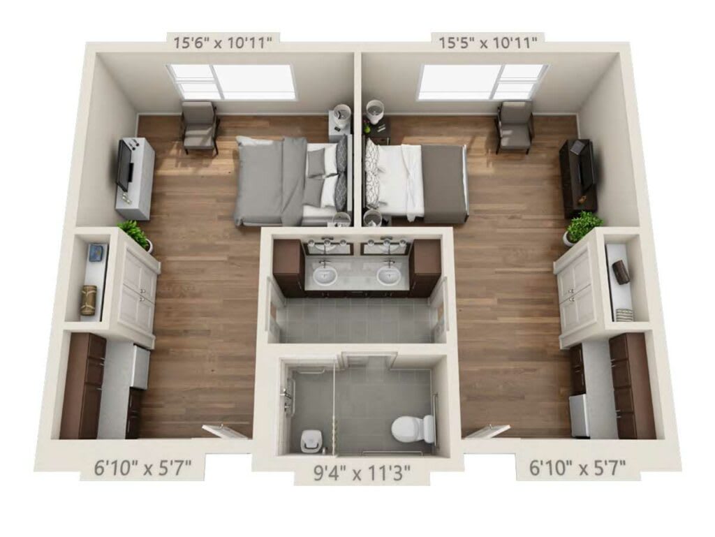 A detailed floor plan of a two-bedroom apartment with shared bathroom.