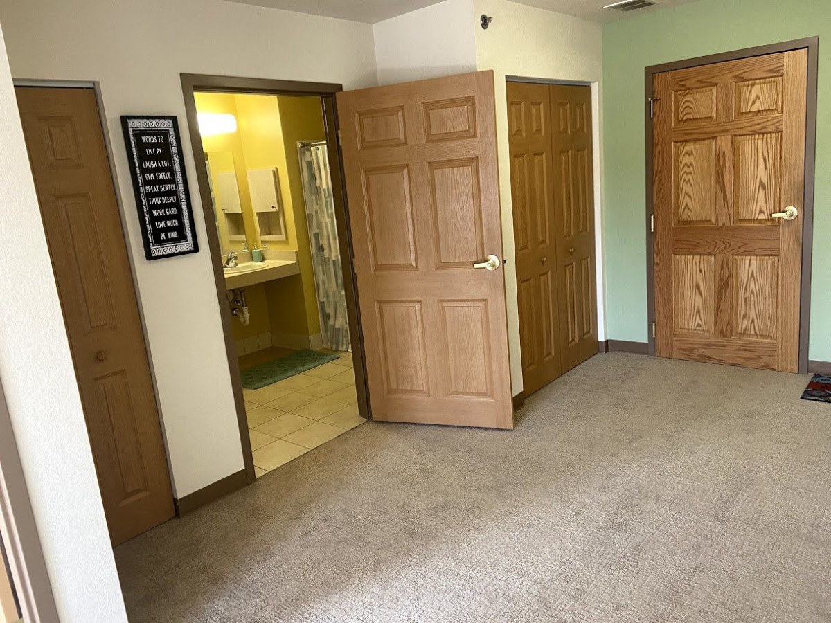 A room featuring carpet flooring and multiple wooden doors, with a bathroom visible in the background.