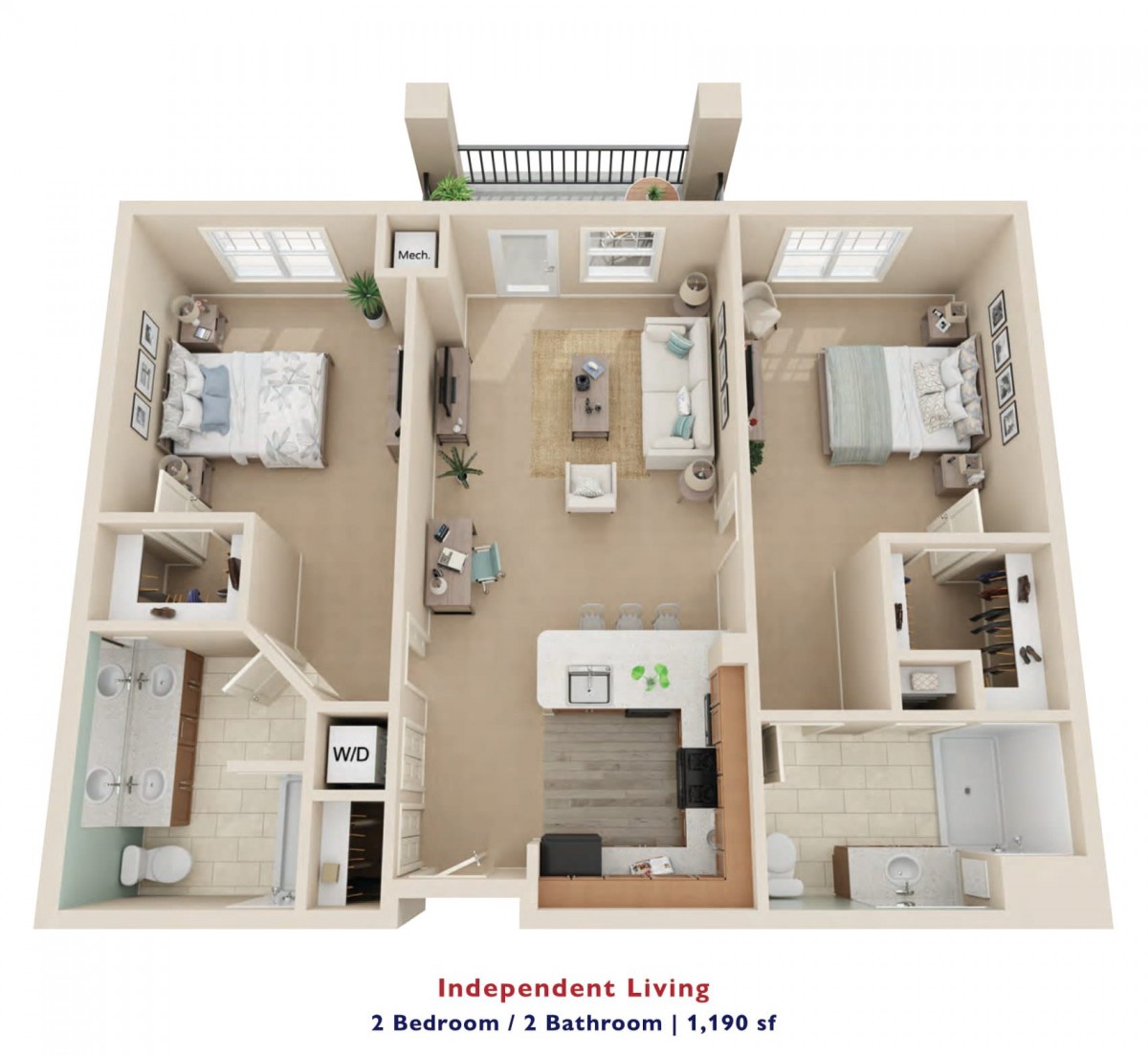 A 3D floor plan of a two-bedroom, two-bathroom apartment with a kitchen, living room, dining area, and balcony.