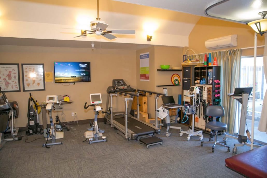 A well-equipped gym room with treadmills and stationary bikes for fitness enthusiasts.
