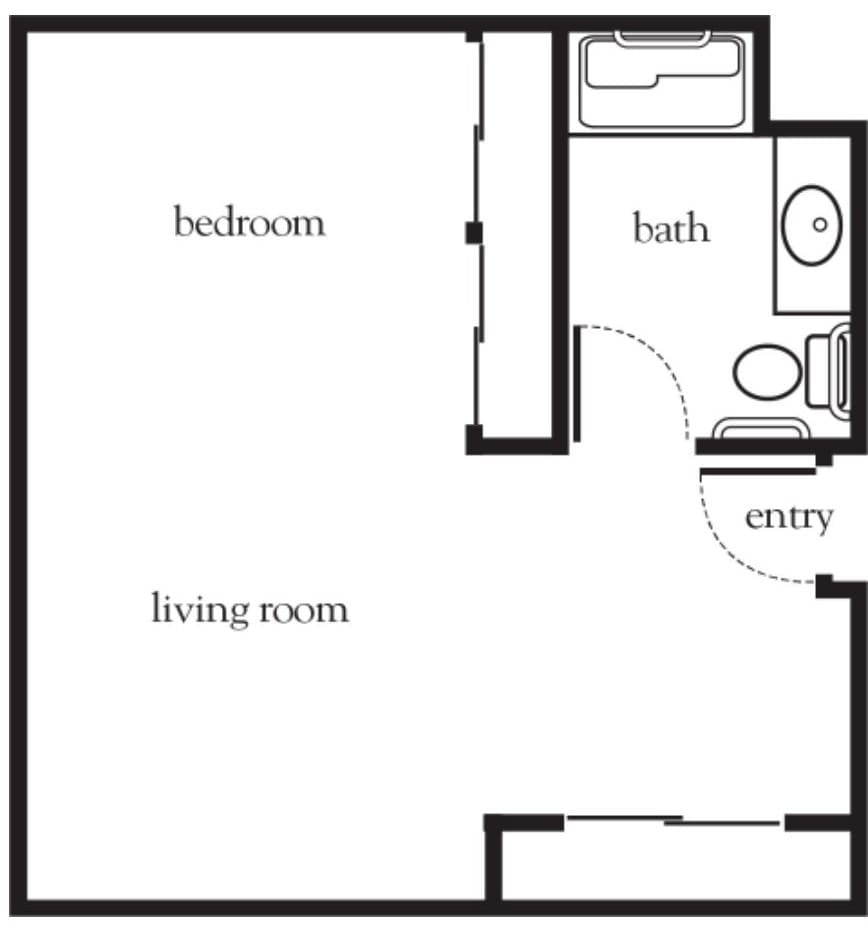 A simple floor plan depicting a one-bedroom apartment with a living room, bathroom, and entry.