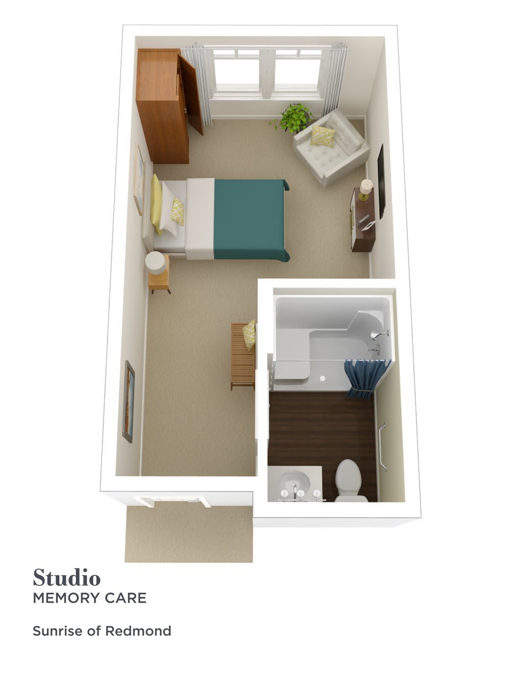 3D floor plan of a compact studio apartment with an efficient layout.