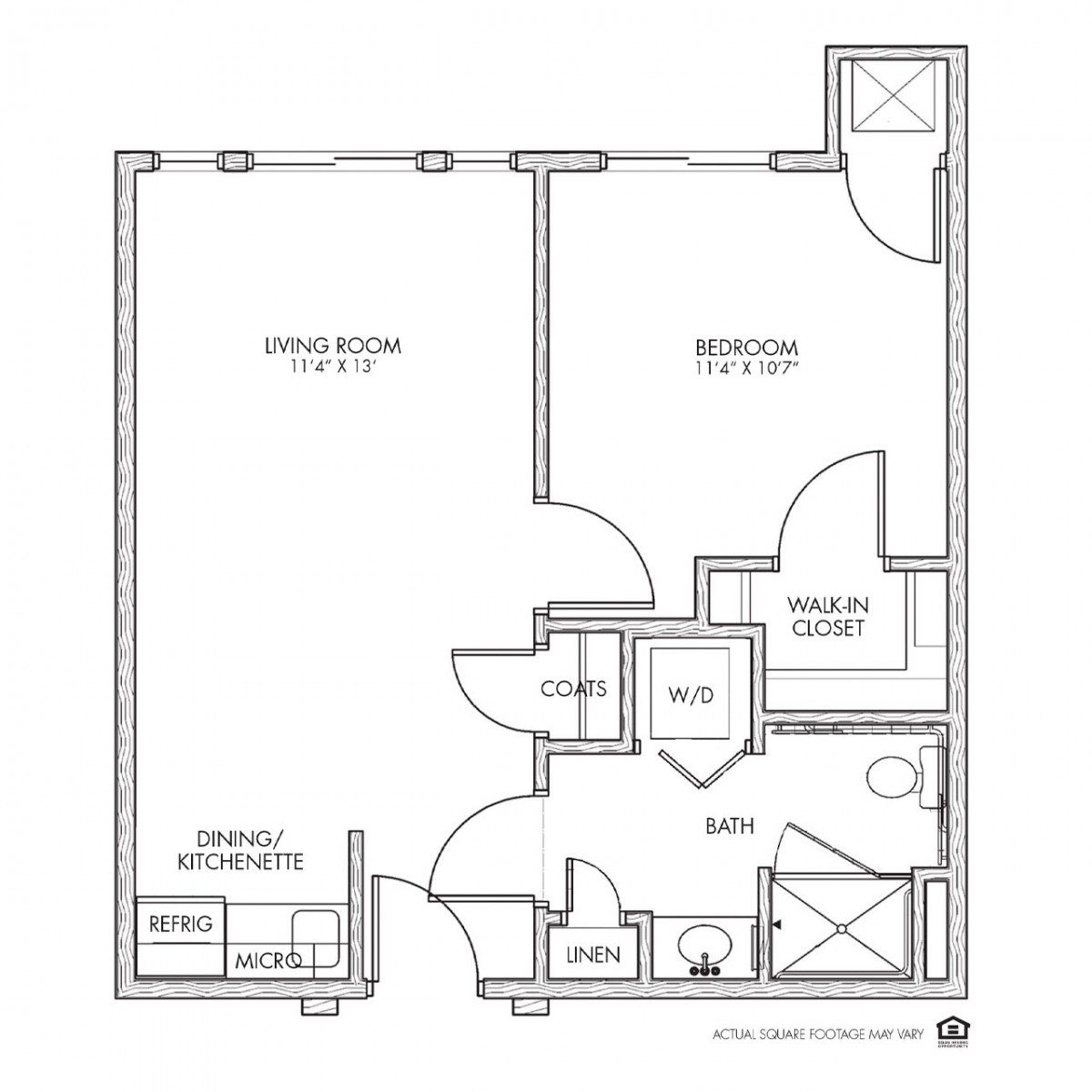 A floor plan of a one-bedroom apartment featuring a living room, kitchen, bathroom, and closet space.