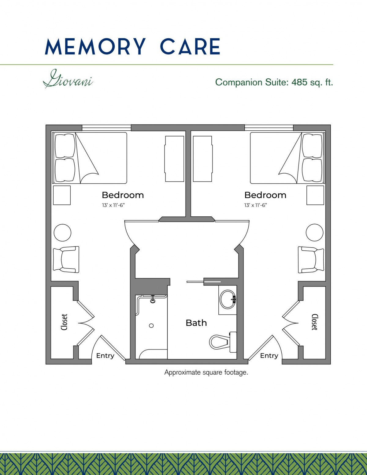 A two-bedroom companion suite floor plan with shared bathroom.