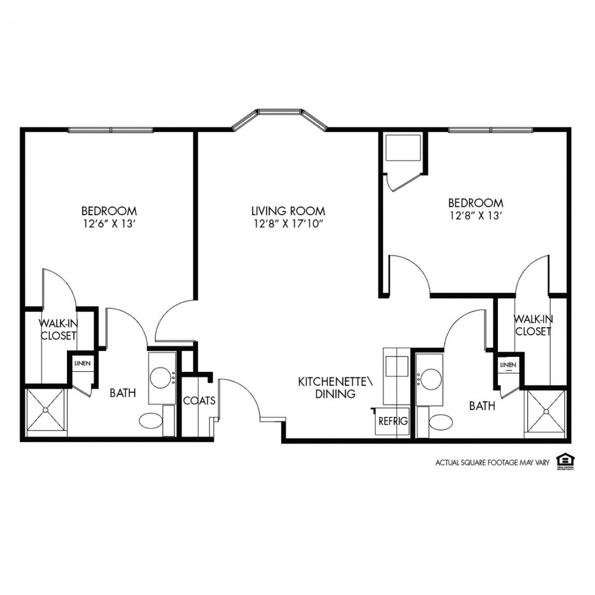 An architectural floor plan of a two-bedroom apartment.