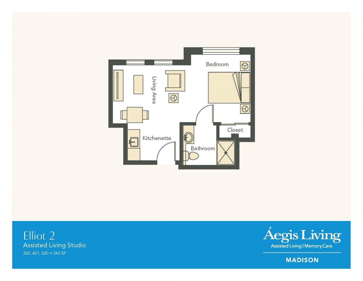 Studio apartment floor plan layout from Aegis Living.