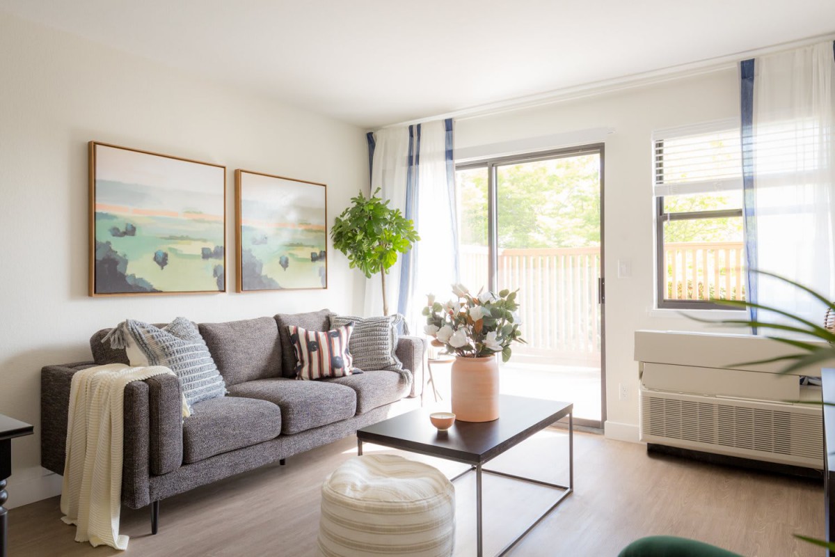 A bright and modern living room with a comfortable sofa, coffee table, and tasteful decor.