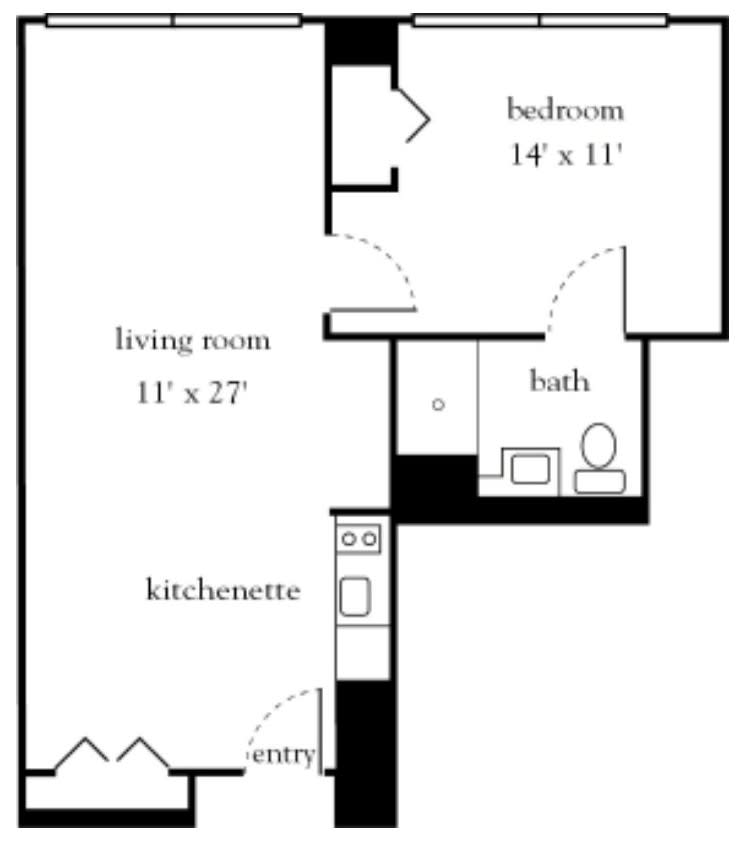 A simple floor plan of a one-bedroom apartment with a living room, kitchenette, and bathroom.