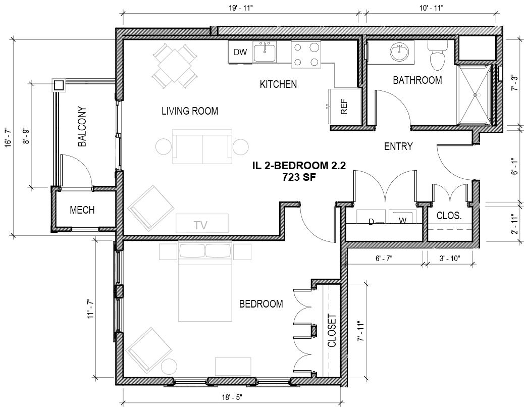 A detailed floor plan illustrating the layout of a living space, including rooms labeled as bedroom, kitchen, and dining area.