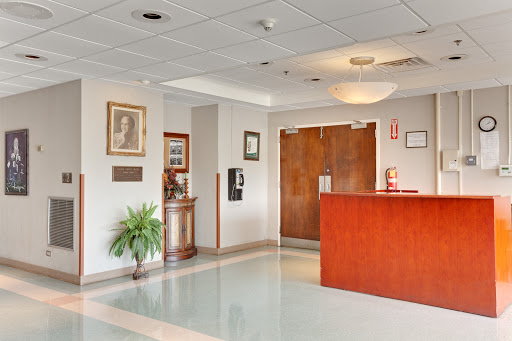A welcoming lobby with a reception desk, decorative wall art, and a touch of greenery.