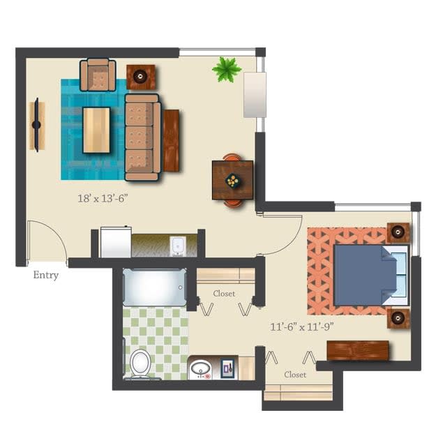 This is a floor plan of a one-bedroom apartment featuring a living room, kitchen, and bathroom.