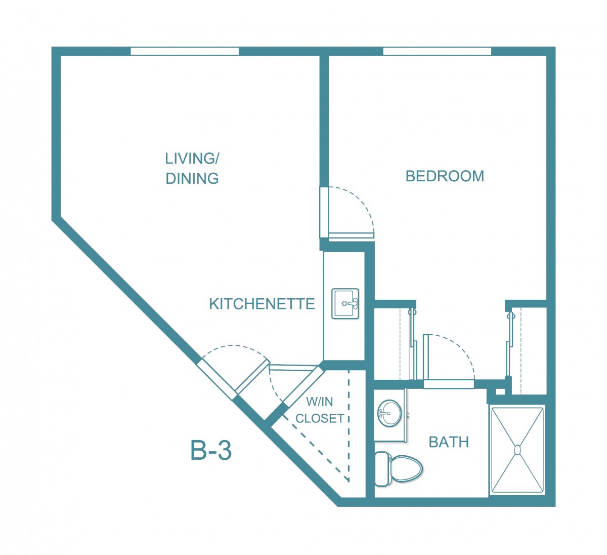 Floor plan of a one-bedroom apartment with a kitchenette and bathroom.