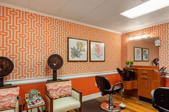 A vintage-styled hair salon featuring orange geometric wallpaper, elegant seating, and framed botanical artwork.