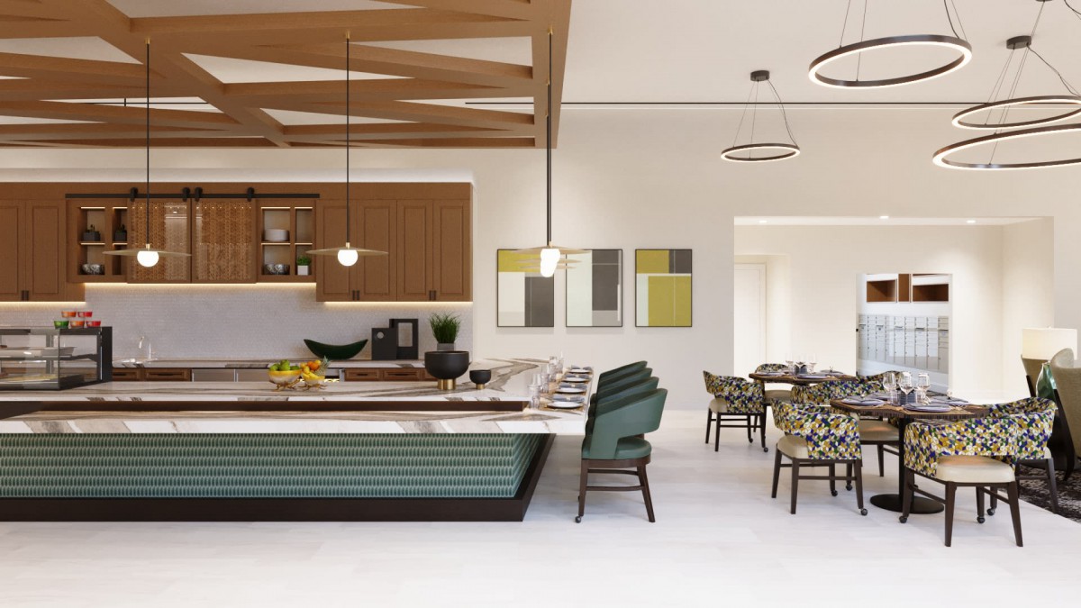 A modern kitchen and dining area with wooden elements and green accents in a spacious open-plan design.