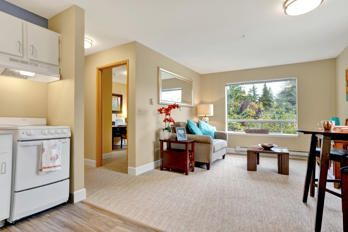 A cozy living room with a sofa, coffee table, and large window.